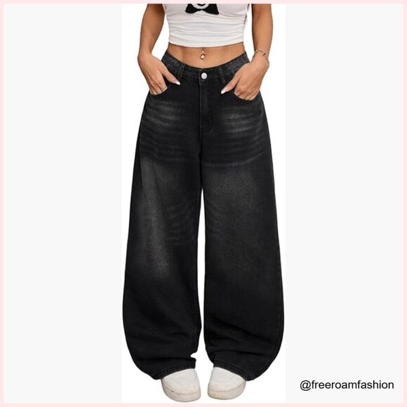 Denim - Baggy Wide Leg Jeans High Rise Loose Fit Vintage Y2K Streetwear Pants